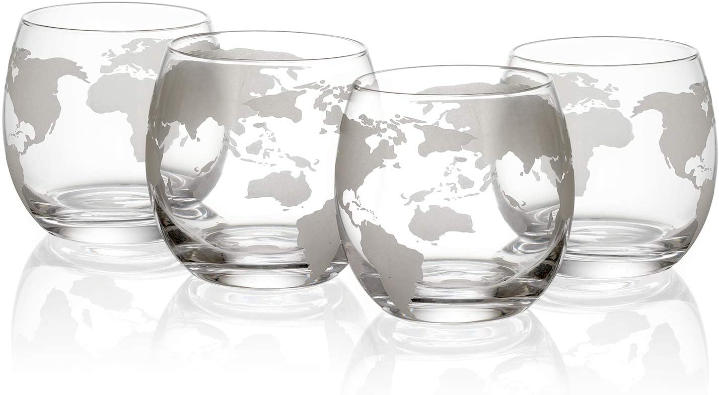 Etched World Decanter Car Whiskey Globe With 4 World Map Glasses-2
