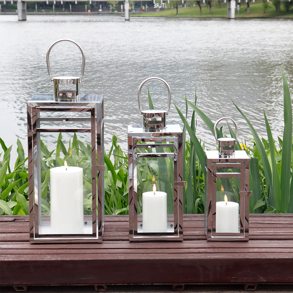 19''&15''&12'' H Stainless Steel Metal Candle Lantern  Candle Holder with Clear Glass Panels(Set of 3)-0