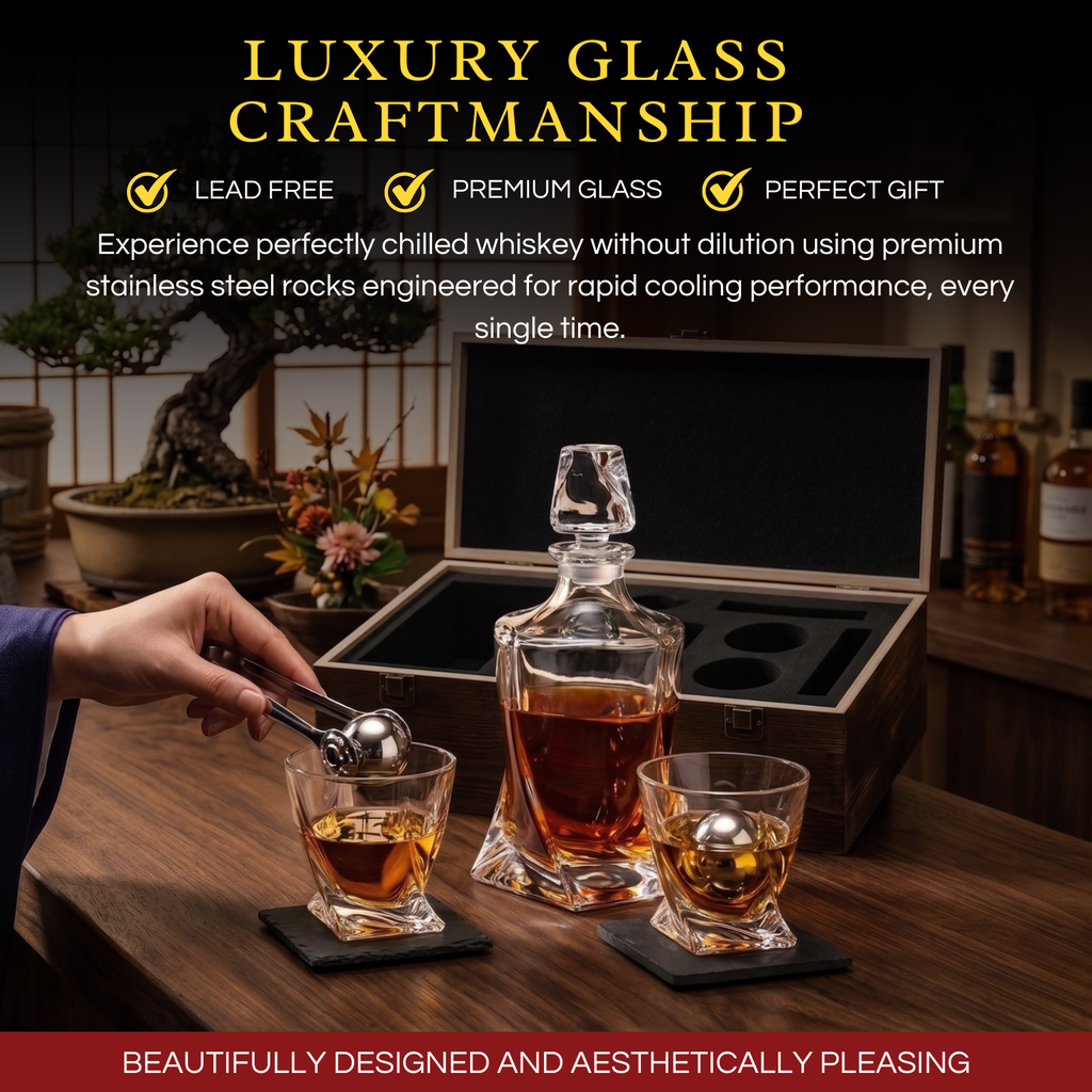 Japanese Crystal Whiskey Decanter Set in Wooden Storage Box
