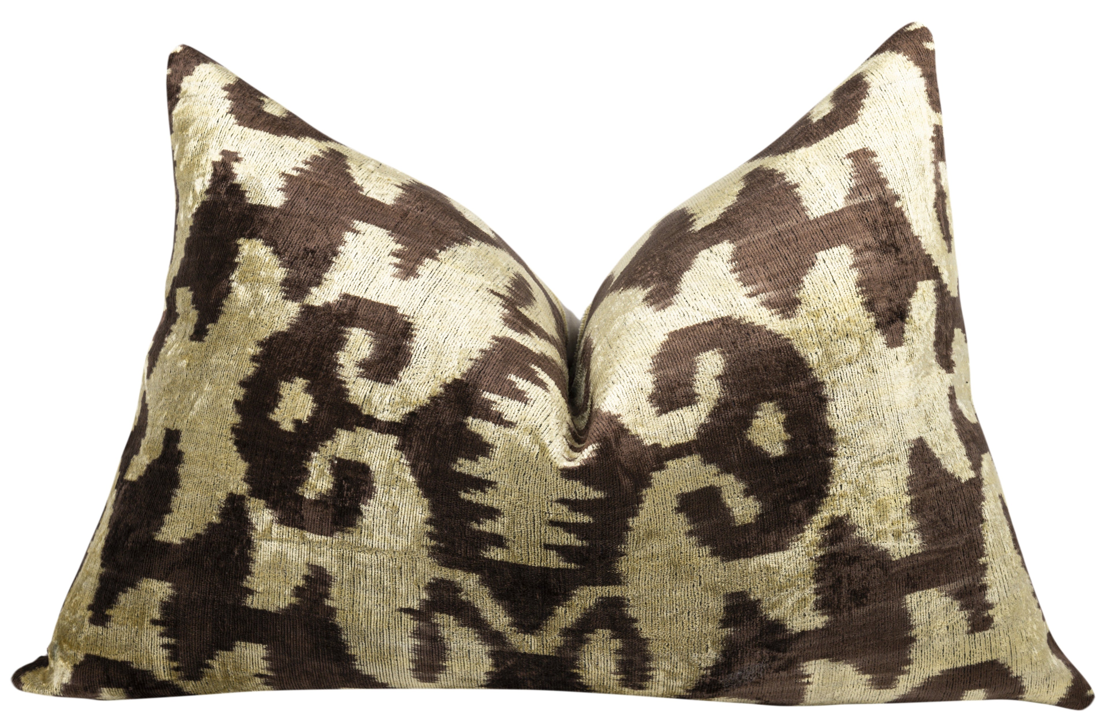Handmade Velvet Pillow with insert – Olive & Brown Ikat Pattern, 16x24"