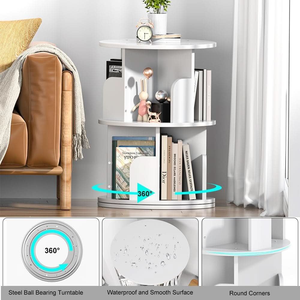 Rotating Bookshelf 2 Tier White Narrow Corner Swivel-1