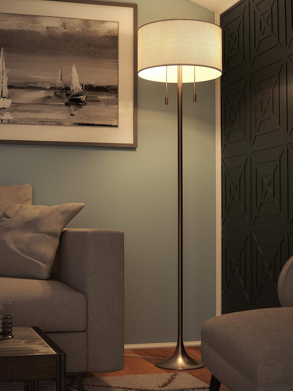 Floor Lamp Antique Brass DrumShade Sixty One Inch Height-2