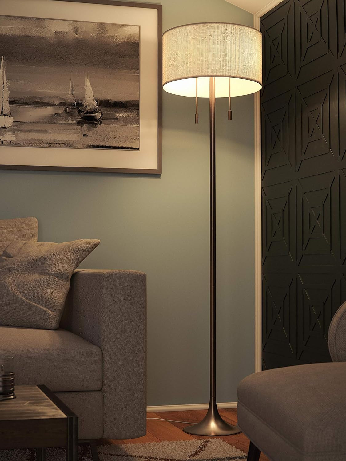 Floor Lamp Antique Brass DrumShade Sixty One Inch Height-2
