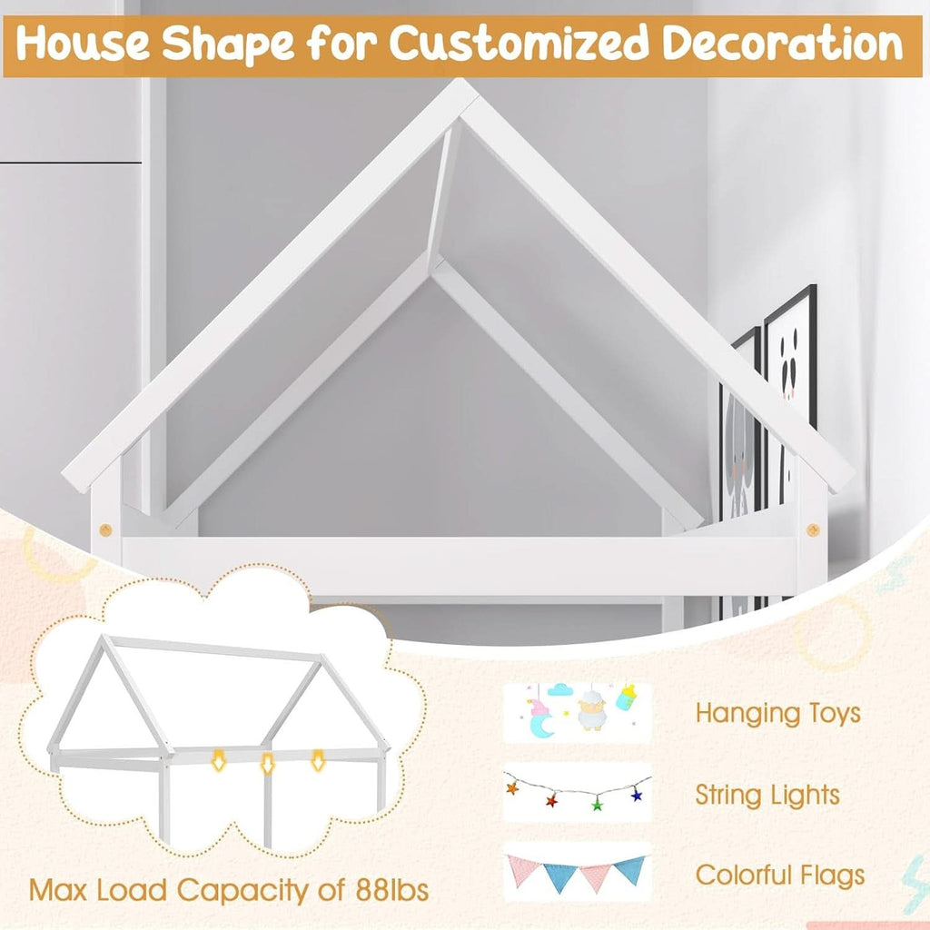 Twin House Bed Frame With Roof Canopy Montessori For Kids-4