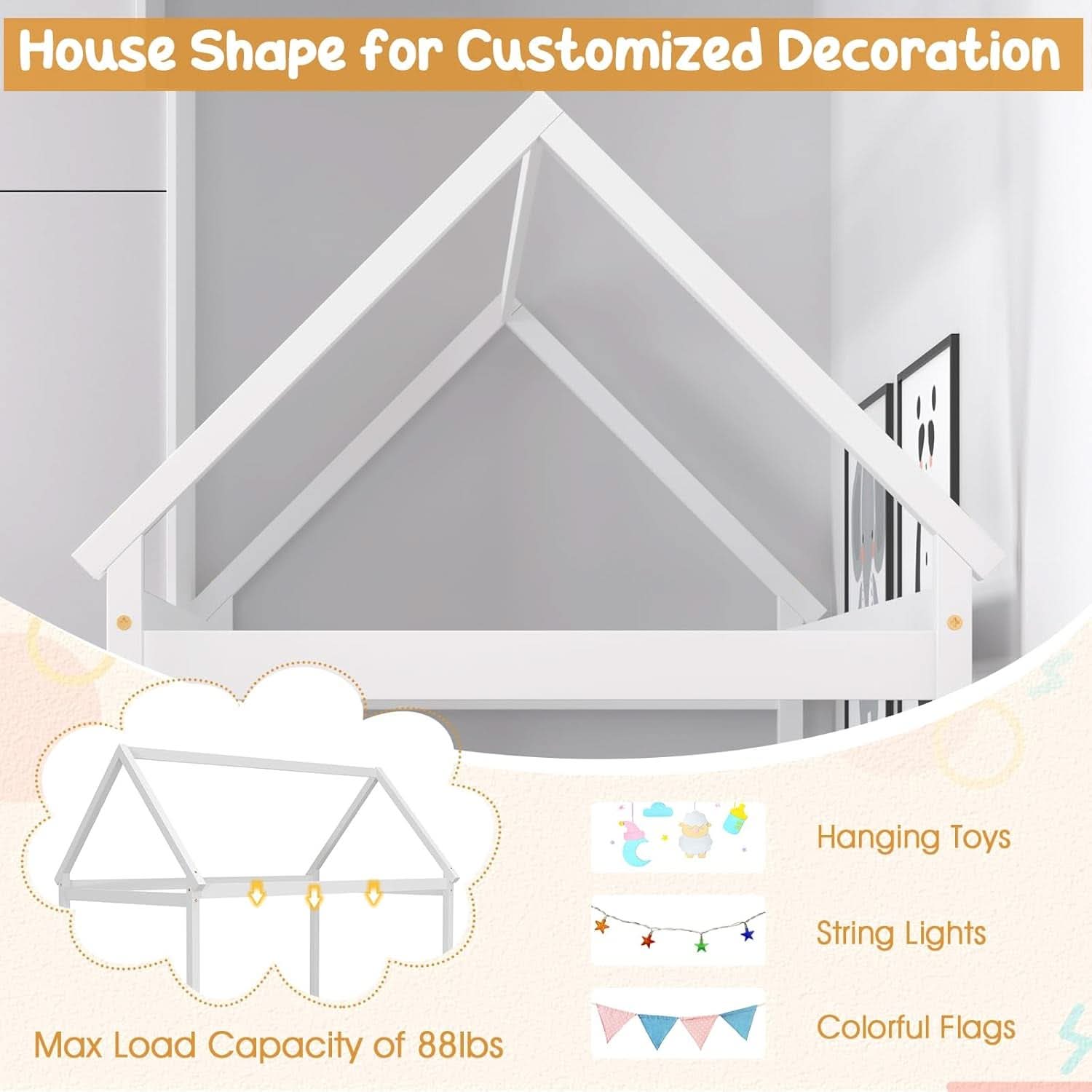 Twin House Bed Frame With Roof Canopy Montessori For Kids-4