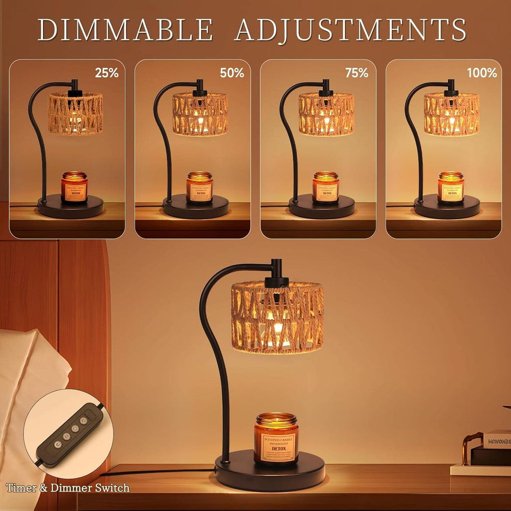 Candle Warmer Lamp With Fully Dimmable Rattan Shade