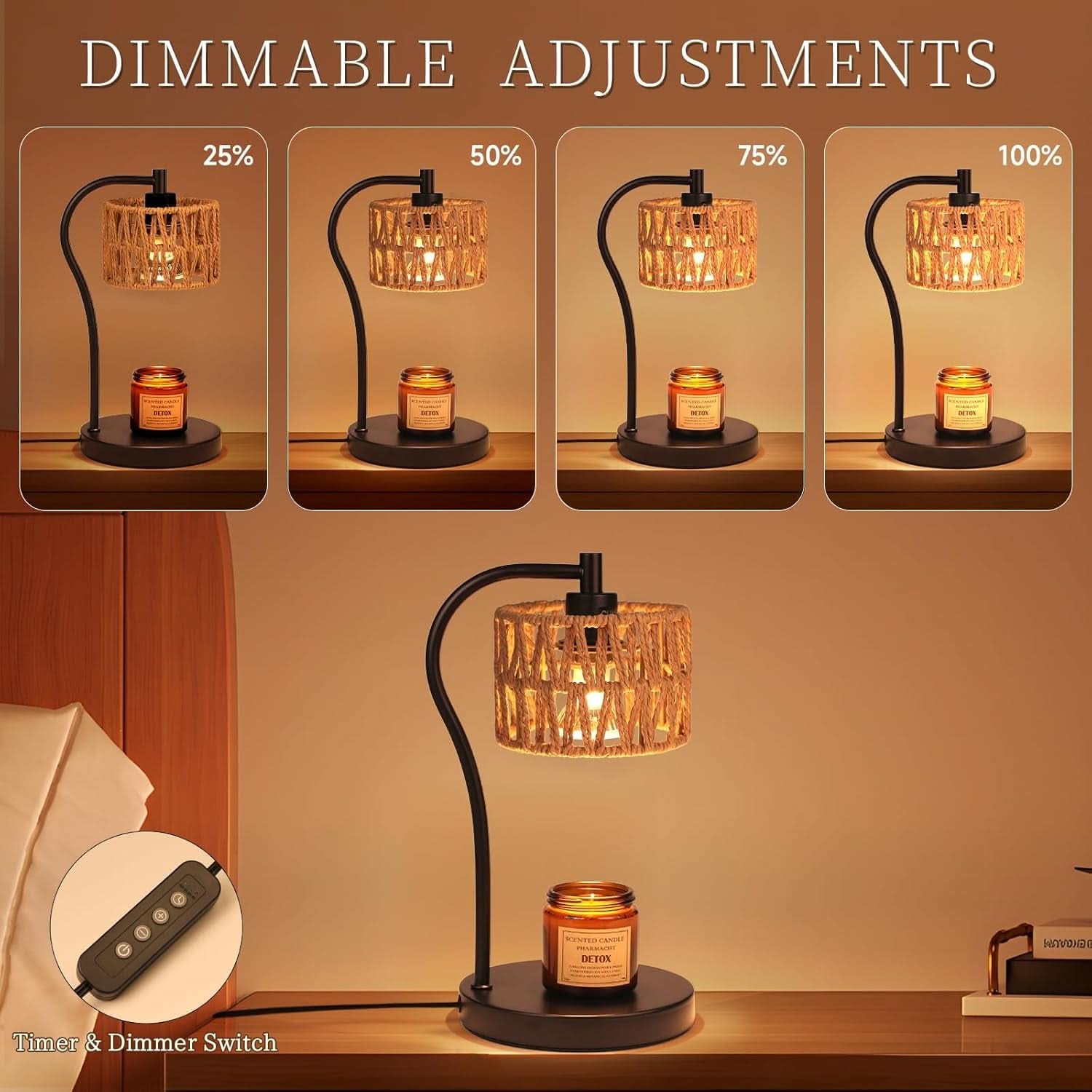 Candle Warmer Lamp With Fully Dimmable Rattan Shade