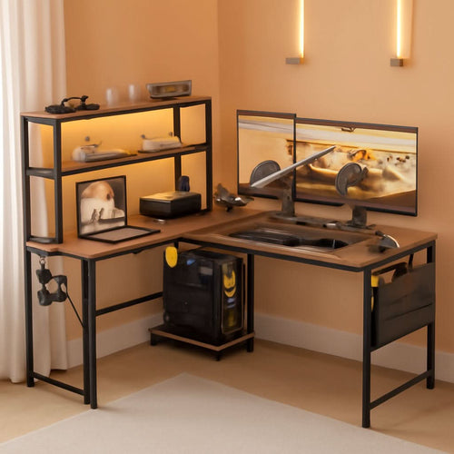 53 Inch L Shaped Desk With LED Lights And Power Outlet-0
