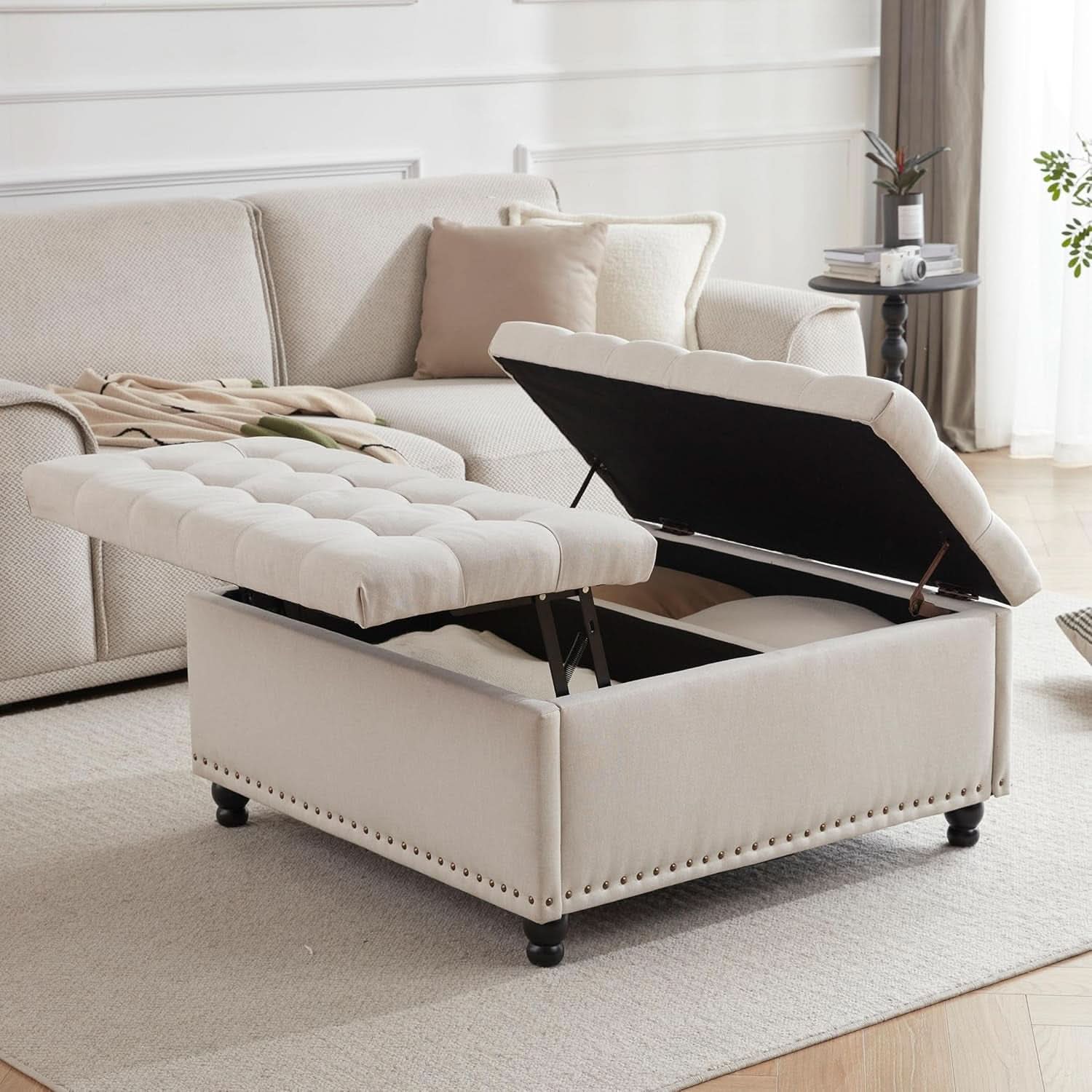 Beige Oversized Storage Ottoman Featuring Lift Top-0