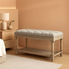 Grey Tufted Upholstered Storage Ottoman Bench Shelf-0