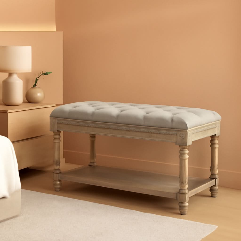 Grey Tufted Upholstered Storage Ottoman Bench Shelf-0