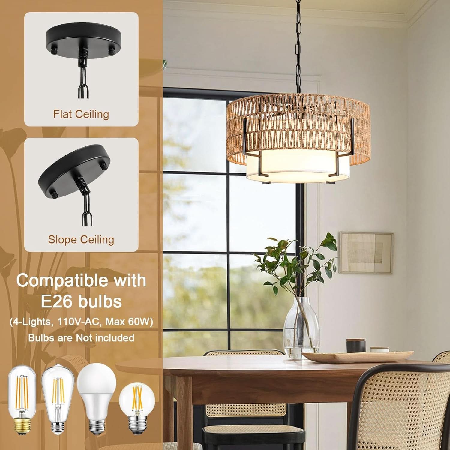 Boho Rattan Chandelier Pendant Light Natural Finish-3