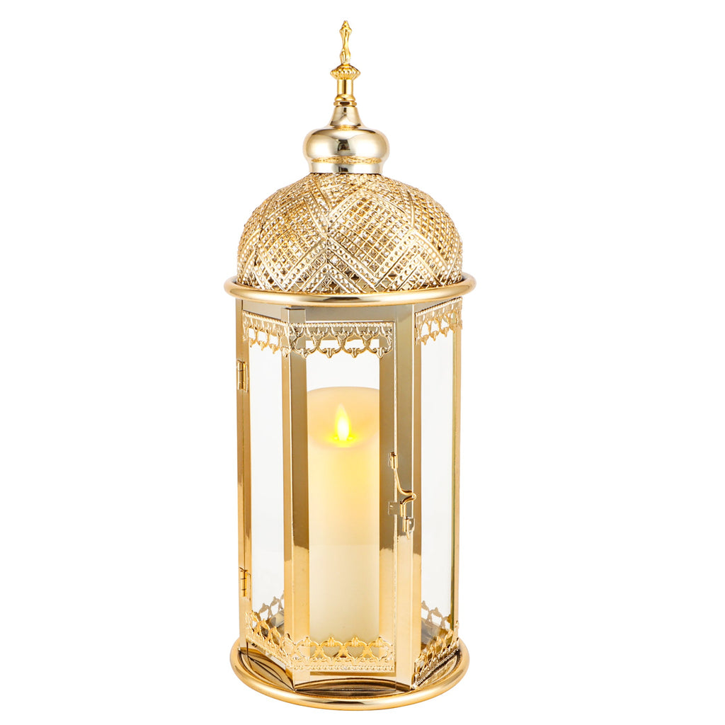 Moroccan Candle Lantern 37cm High Gold Candle Holder with Tempered Glass （40pcs）-0