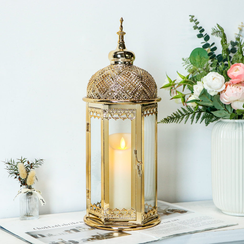 Moroccan Candle Lantern 37cm High Gold Candle Holder with Tempered Glass （40pcs）-2