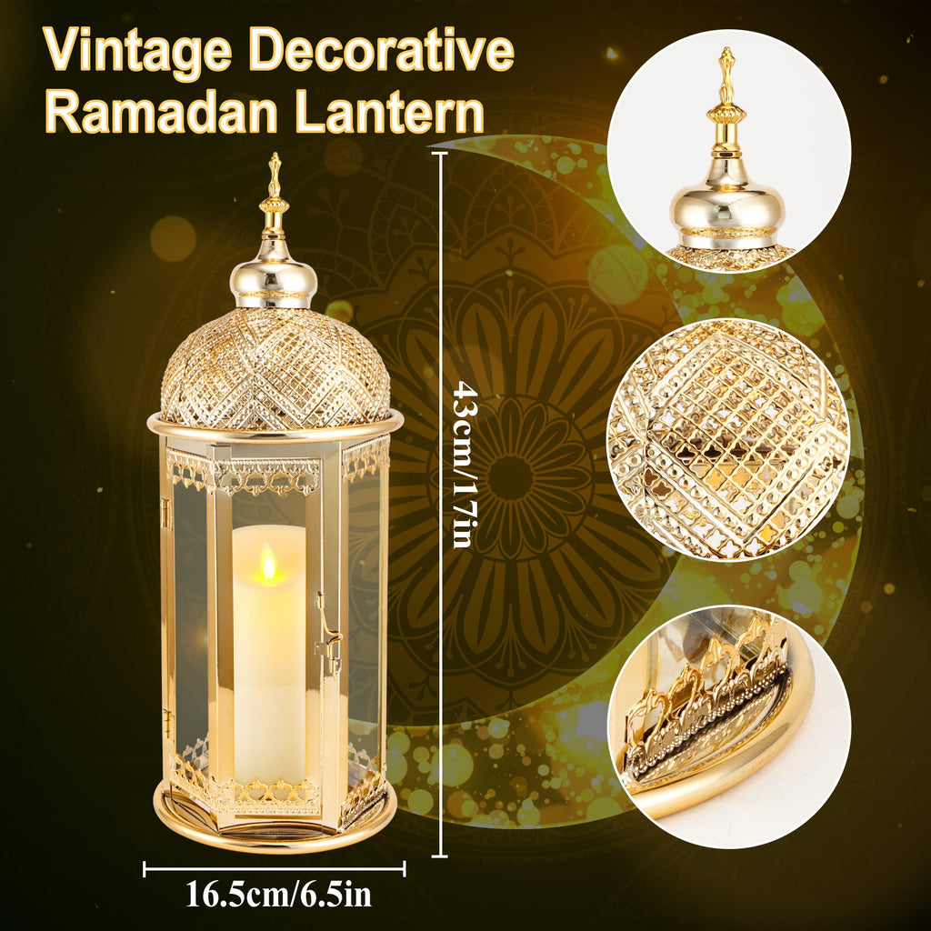 Moroccan Candle Lantern 37cm High Gold Candle Holder with Tempered Glass （40pcs）-3