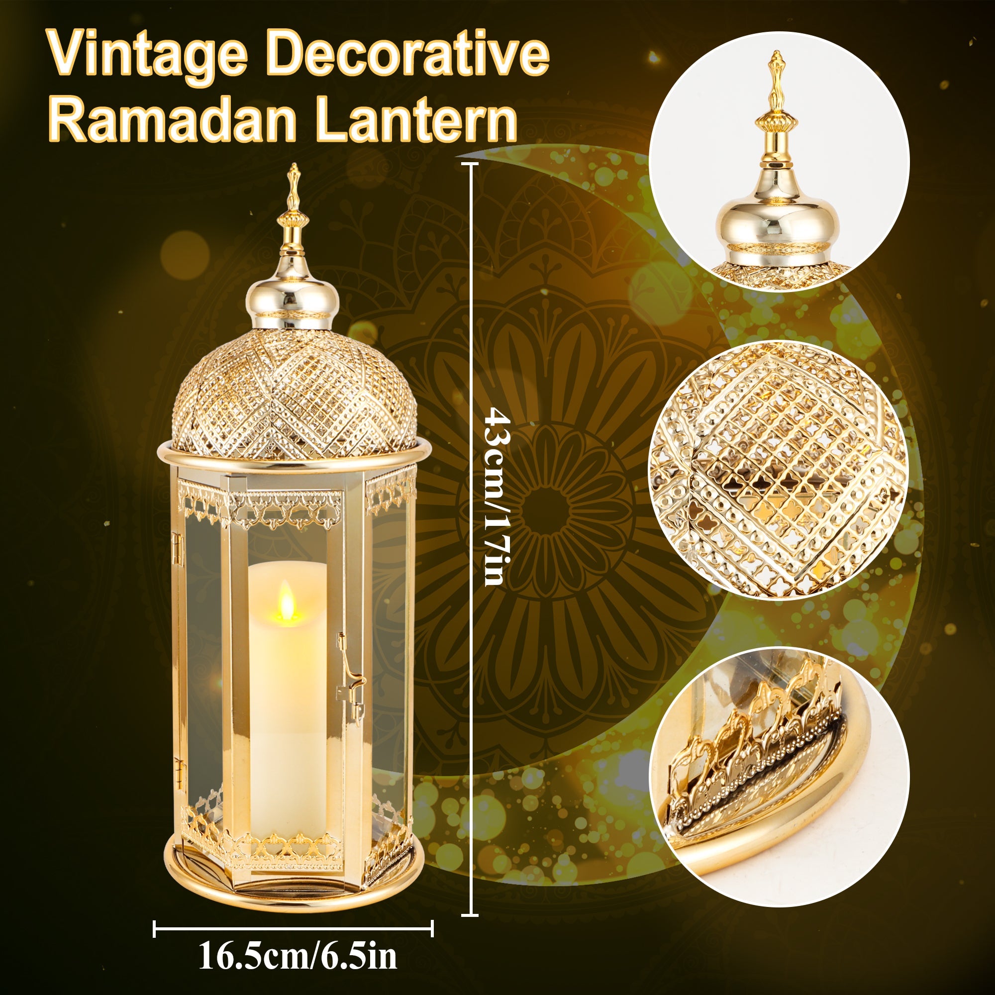 Moroccan Candle Lantern 37cm High Gold Candle Holder with Tempered Glass （40pcs）-3