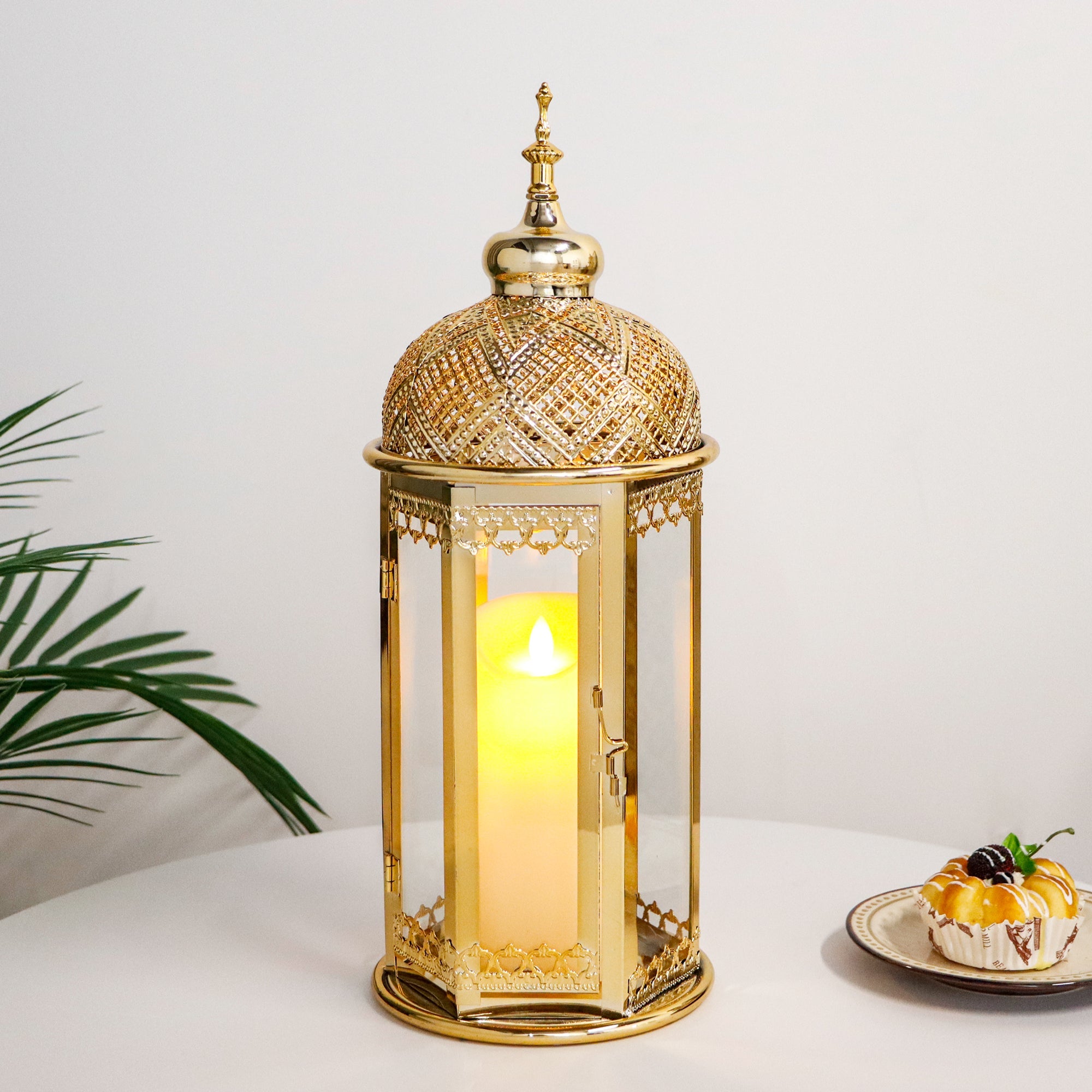 Moroccan Candle Lantern 37cm High Gold Candle Holder with Tempered Glass （40pcs）-4
