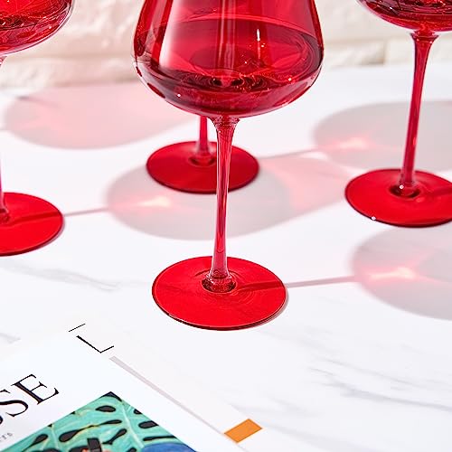 Colored Crystal Wine Glass Set of 6 - Large 20 oz Glasses (Bright Red)-2