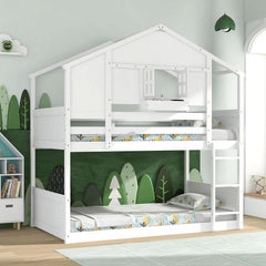 Twin Over Twin White Wood House Bunk Bed For Kids Room-2