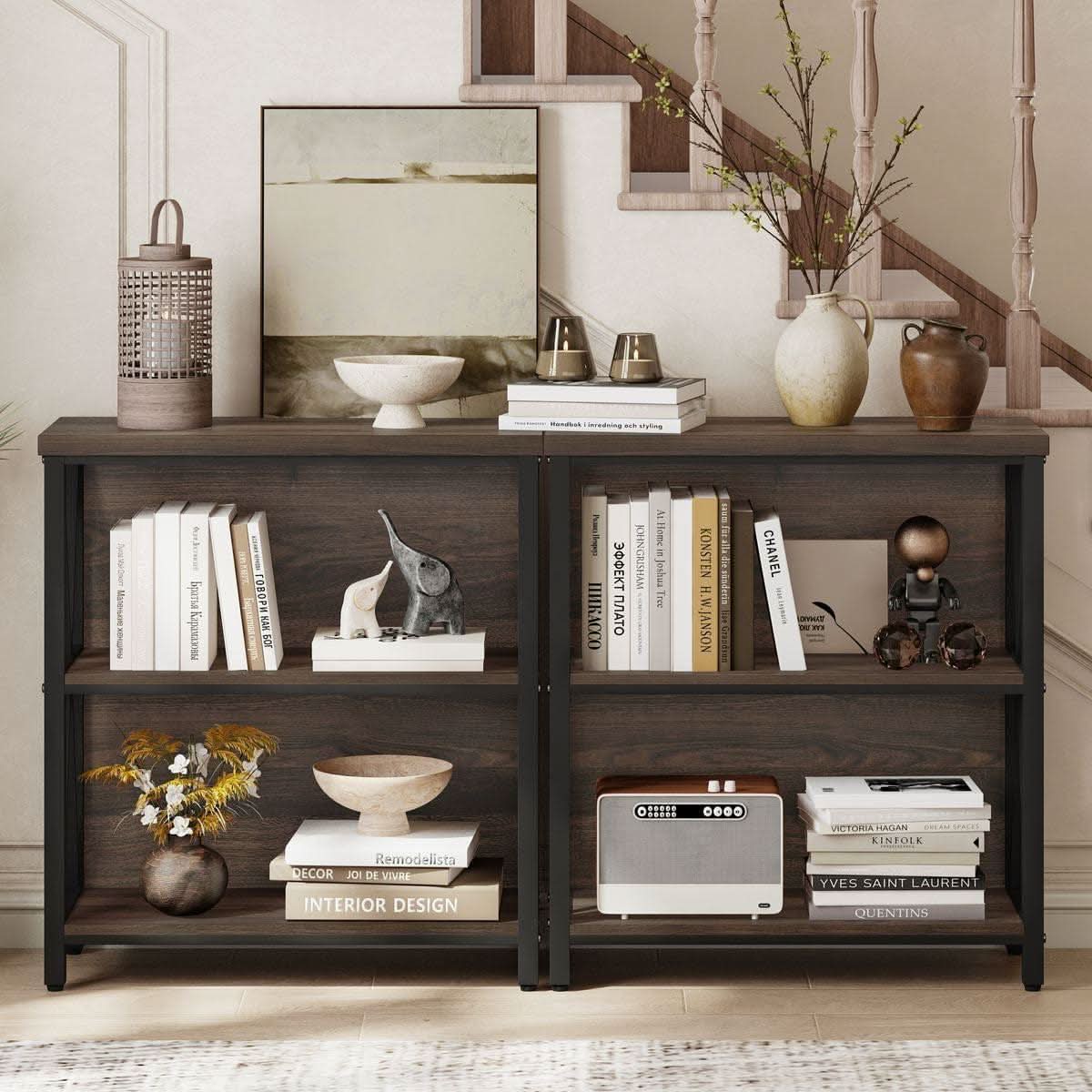 Industrial Timber Three Shelf Bookcase Dark Walnut-2