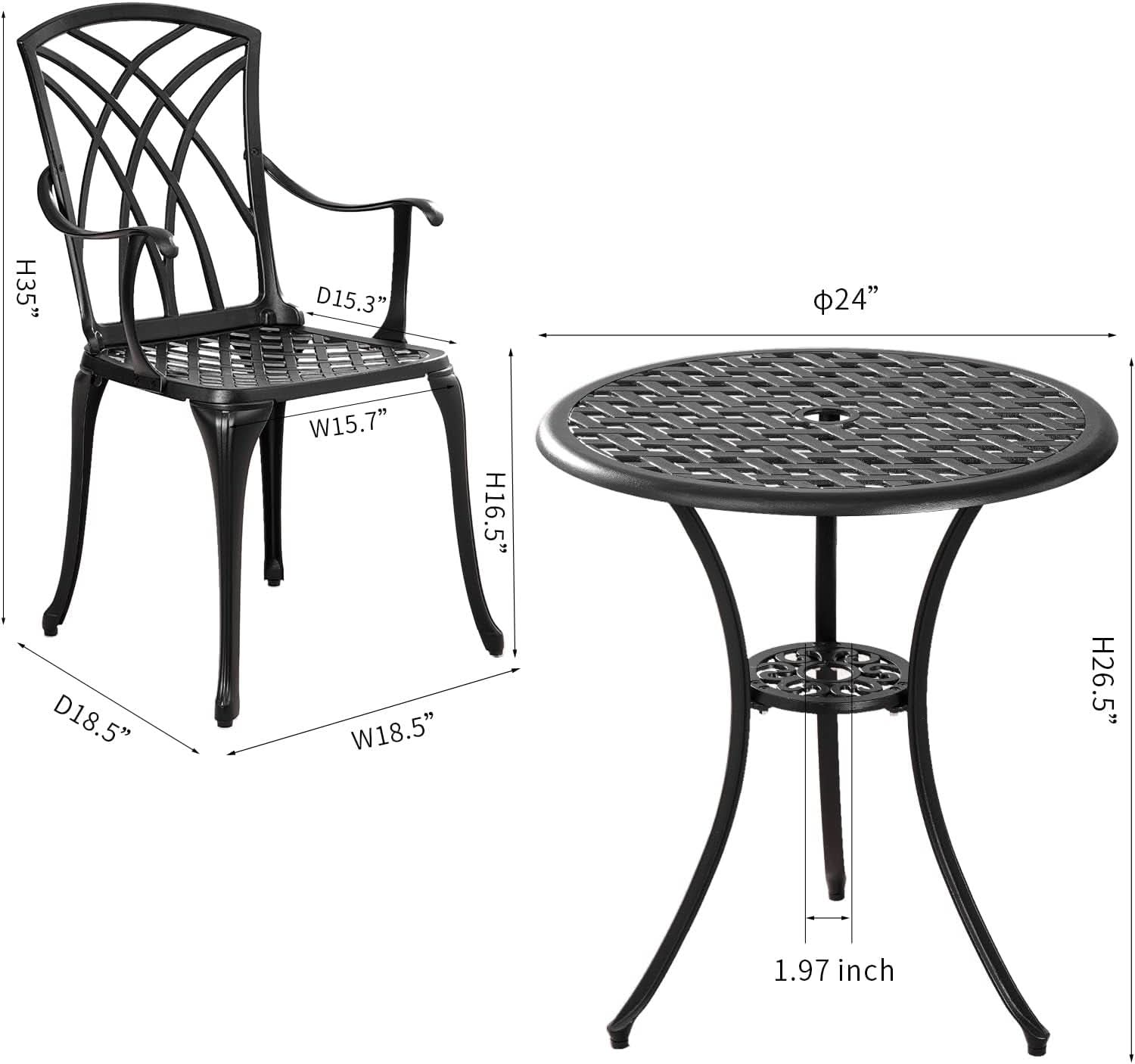 Outdoor Cast Aluminum Bistro Set 3 Piece Table And 2 Chairs Black-4