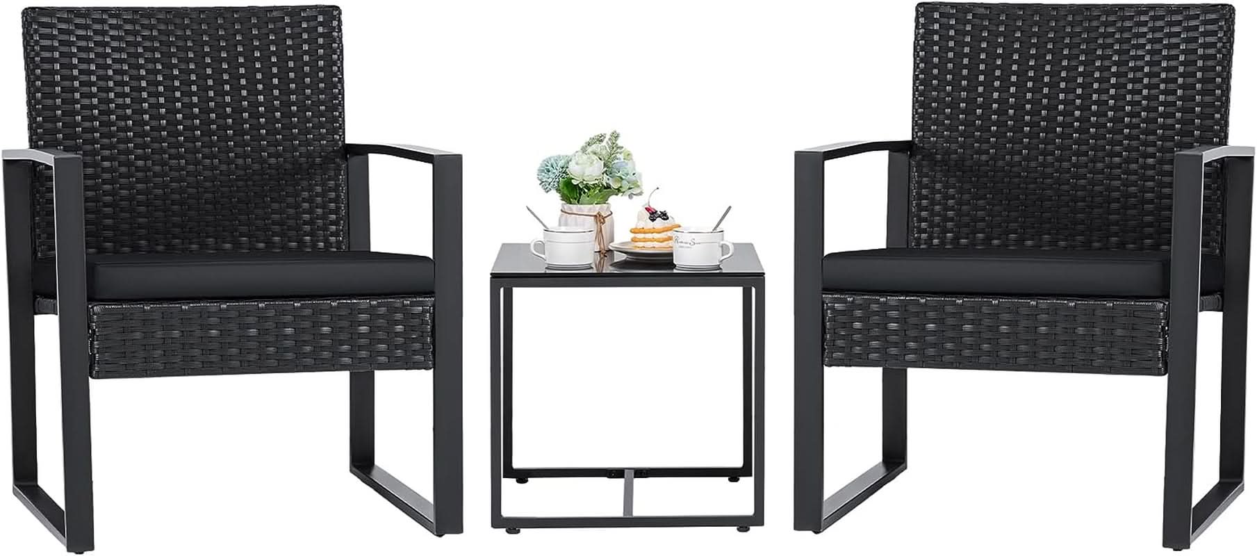 Black Cushioned Outdoor All Weather Patio Conversation Set-2