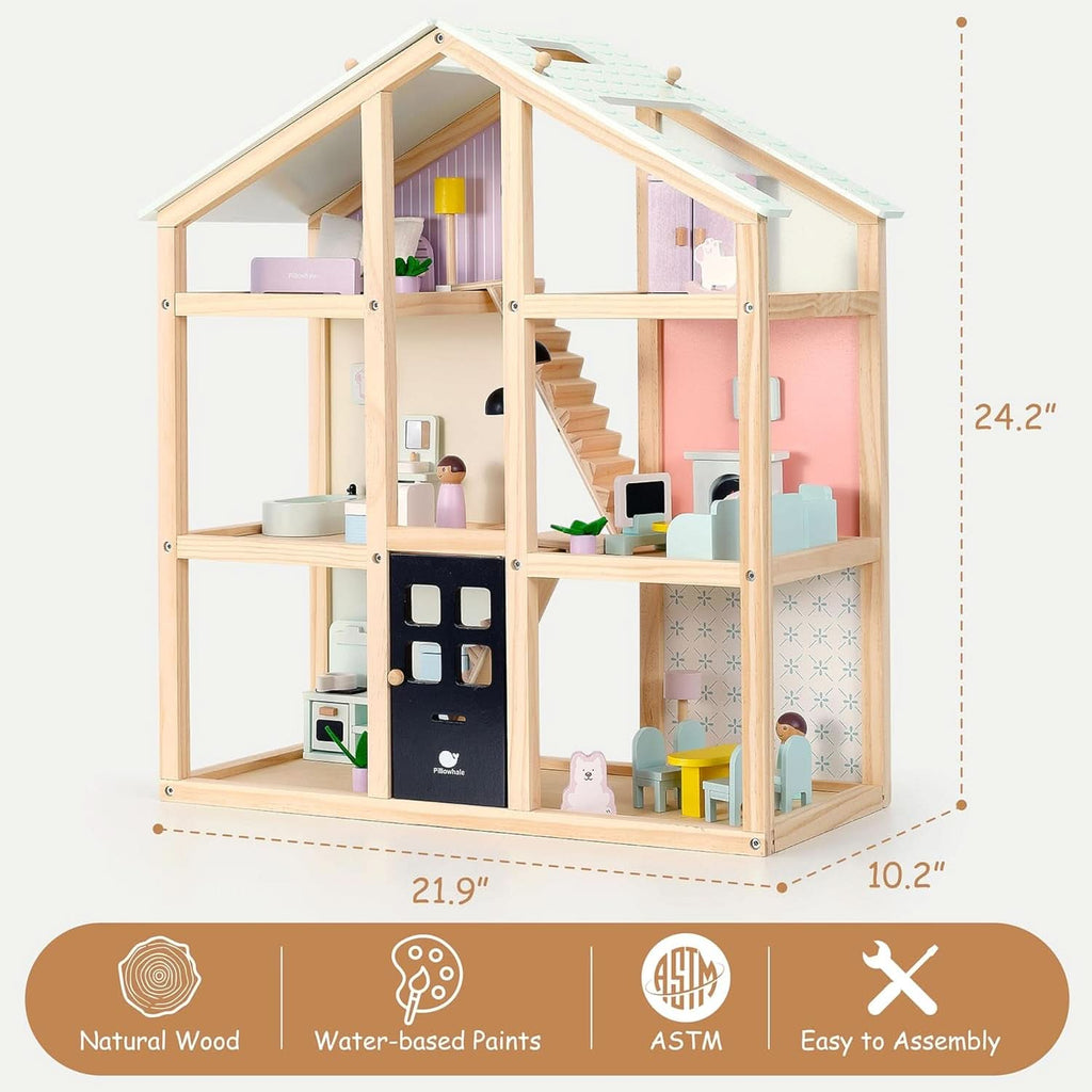 Wooden Dollhouse 3-Story With 38-Piece Furniture Kit-4