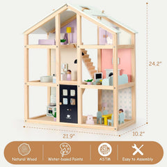 Wooden Dollhouse 3-Story With 38-Piece Furniture Kit-4
