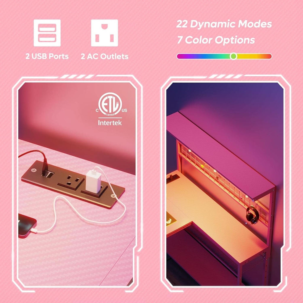 51 Inch L Shaped Gaming Desk Pink With Power Outlets And LED Lights-4