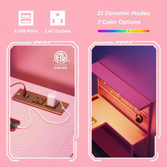 51 Inch L Shaped Gaming Desk Pink With Power Outlets And LED Lights-4