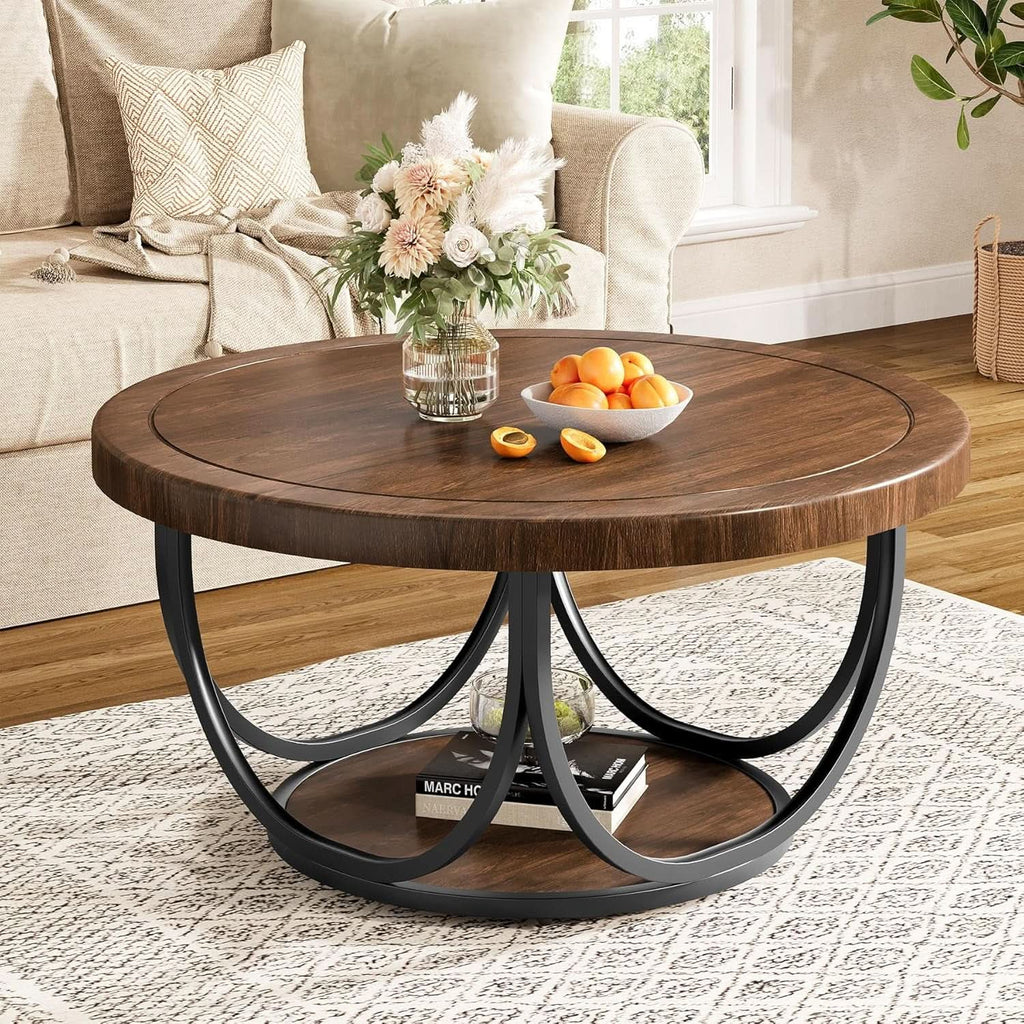 Round Coffee Table 33 Inch Brown Black Industrial Frame-0