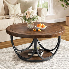 Round Coffee Table 33 Inch Brown Black Industrial Frame-0
