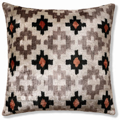 Luxury Neutral Ikat Velvet Throw Pillow 20x20 | Handmade Designer Silk Velvet Cushion