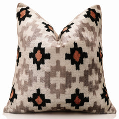 Luxury Neutral Ikat Velvet Throw Pillow 20x20 | Handmade Designer Silk Velvet Cushion