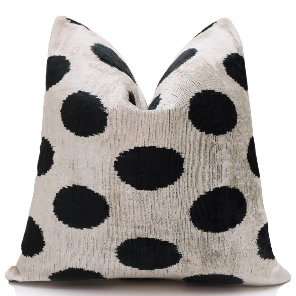 Hand-Knotted Silk Velvet Polka Dot Pillow - 16x16 Black & Champagne