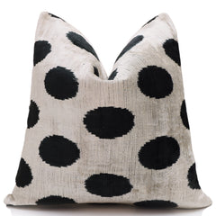 Hand-Knotted Silk Velvet Polka Dot Pillow - 16x16 Black & Champagne