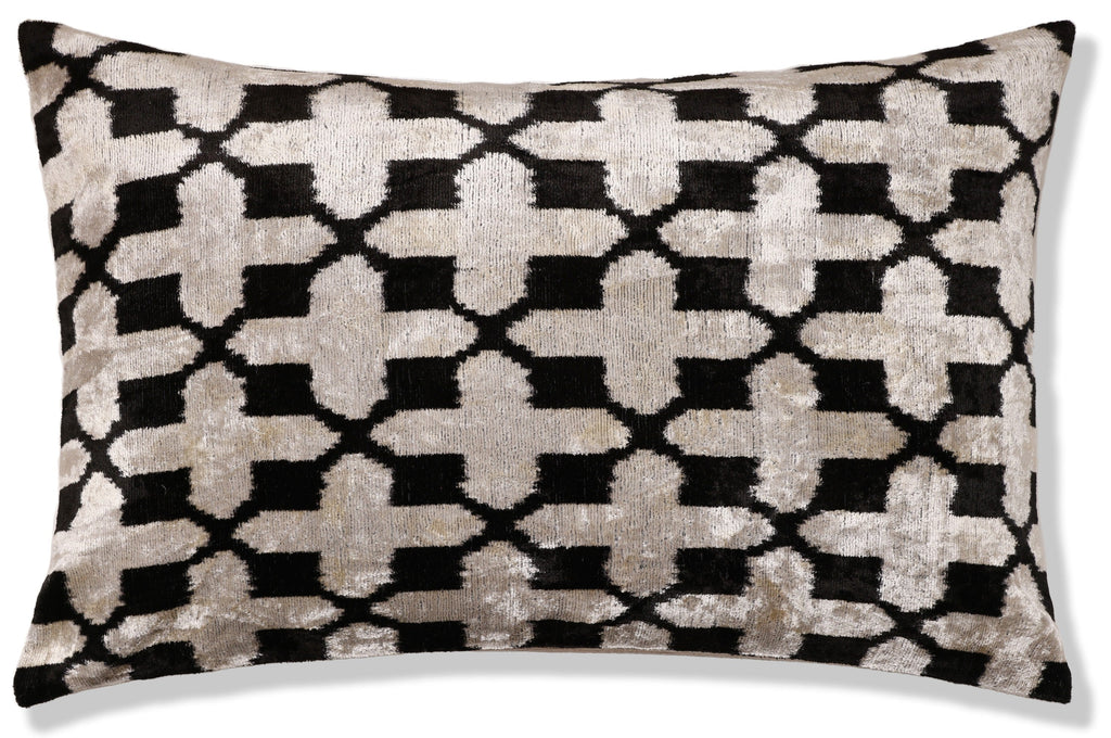 Handmade Velvet Ikat Lumbar Pillow 16x24 | Black & Ivory Geometric