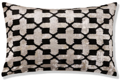 Handmade Velvet Ikat Lumbar Pillow 16x24 | Black & Ivory Geometric
