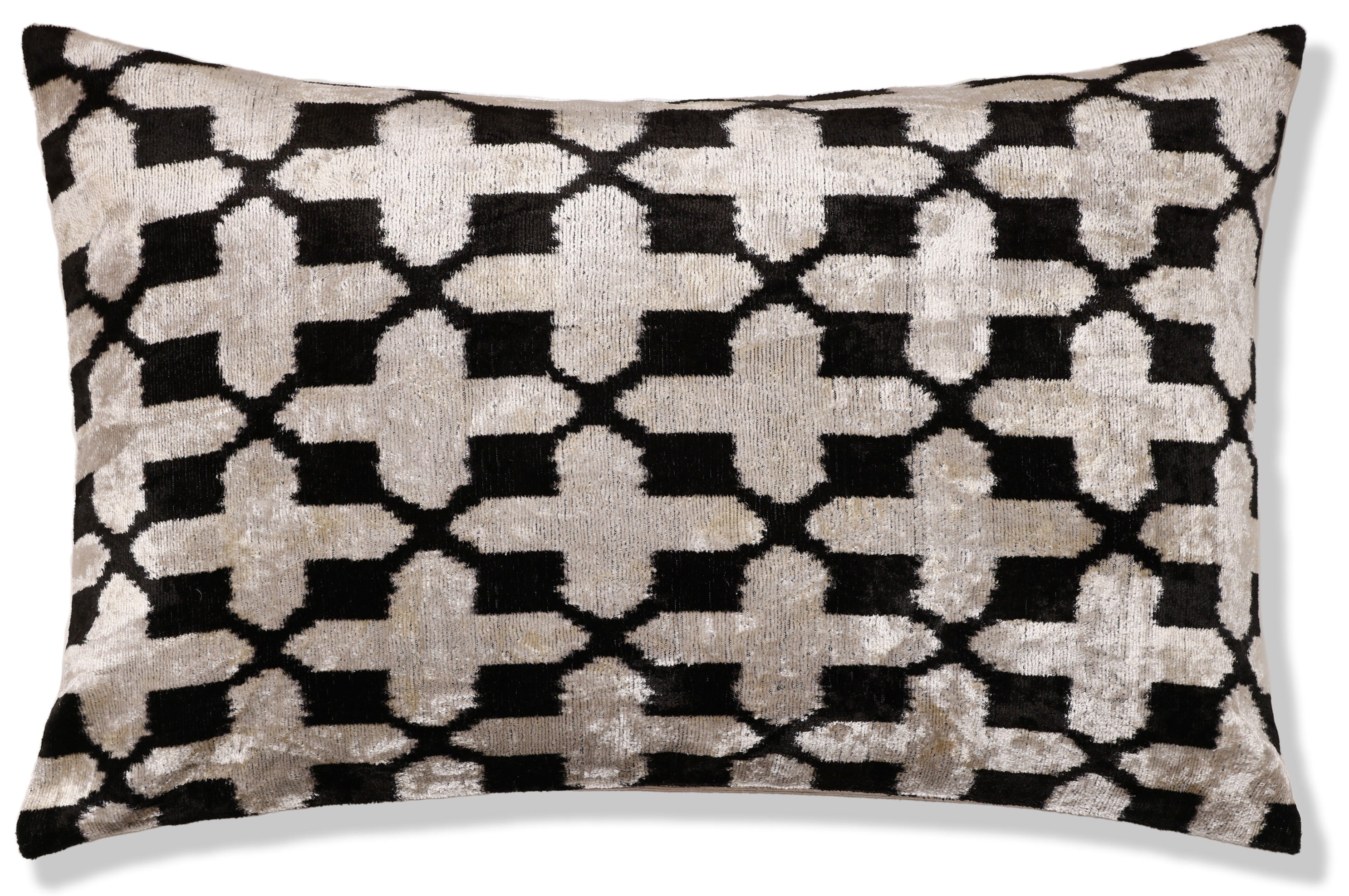 Handmade Velvet Ikat Lumbar Pillow 16x24 | Black & Ivory Geometric
