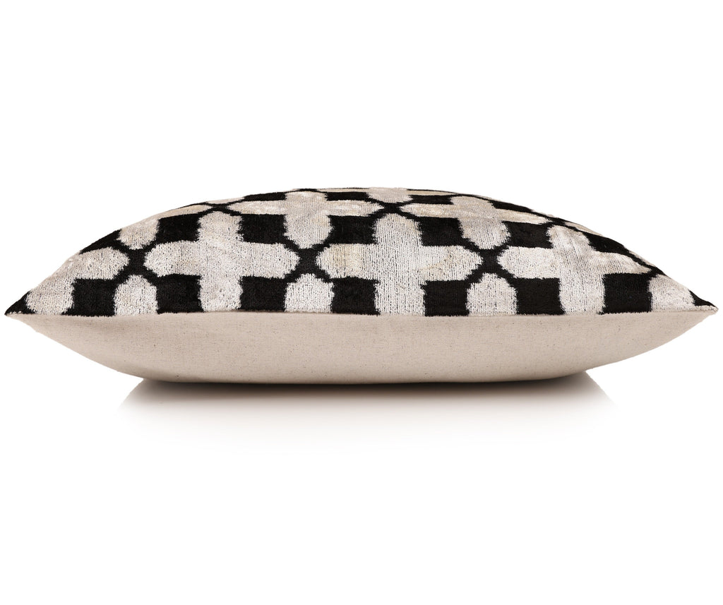 Handmade Velvet Ikat Lumbar Pillow 16x24 | Black & Ivory Geometric