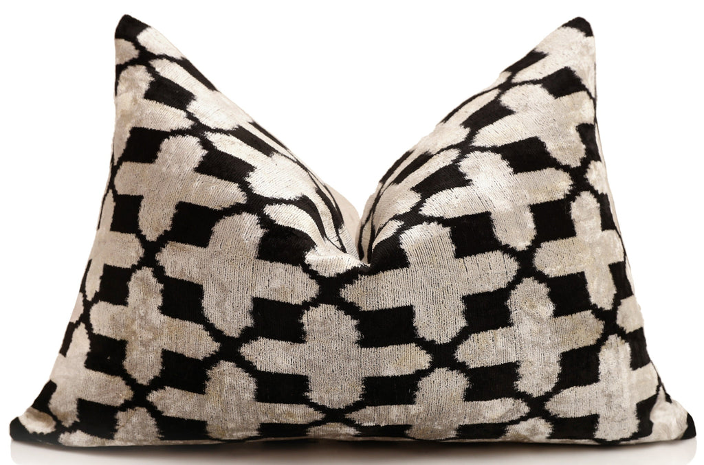Handmade Velvet Ikat Lumbar Pillow 16x24 | Black & Ivory Geometric