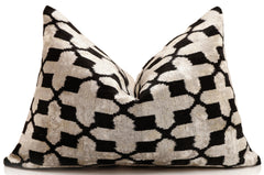 Handmade Velvet Ikat Lumbar Pillow 16x24 | Black & Ivory Geometric