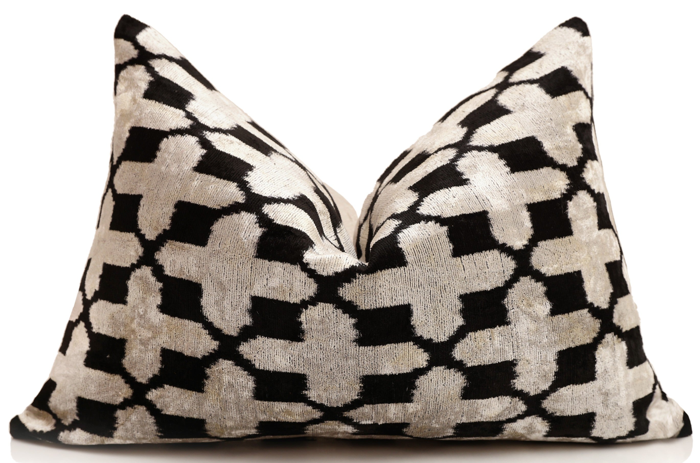 Handmade Velvet Ikat Lumbar Pillow 16x24 | Black & Ivory Geometric