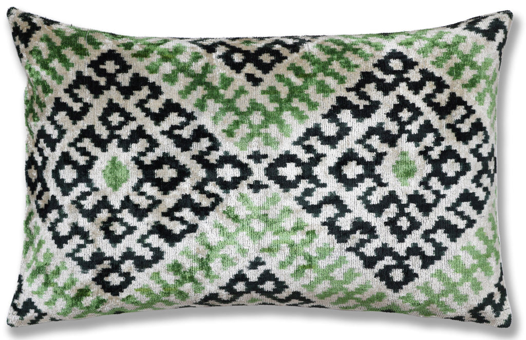 Hand-Knotted Silk Velvet Ikat Lumbar Pillow - 16x24 Moss & Forest Green