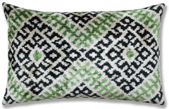 Hand-Knotted Silk Velvet Ikat Lumbar Pillow - 16x24 Moss & Forest Green