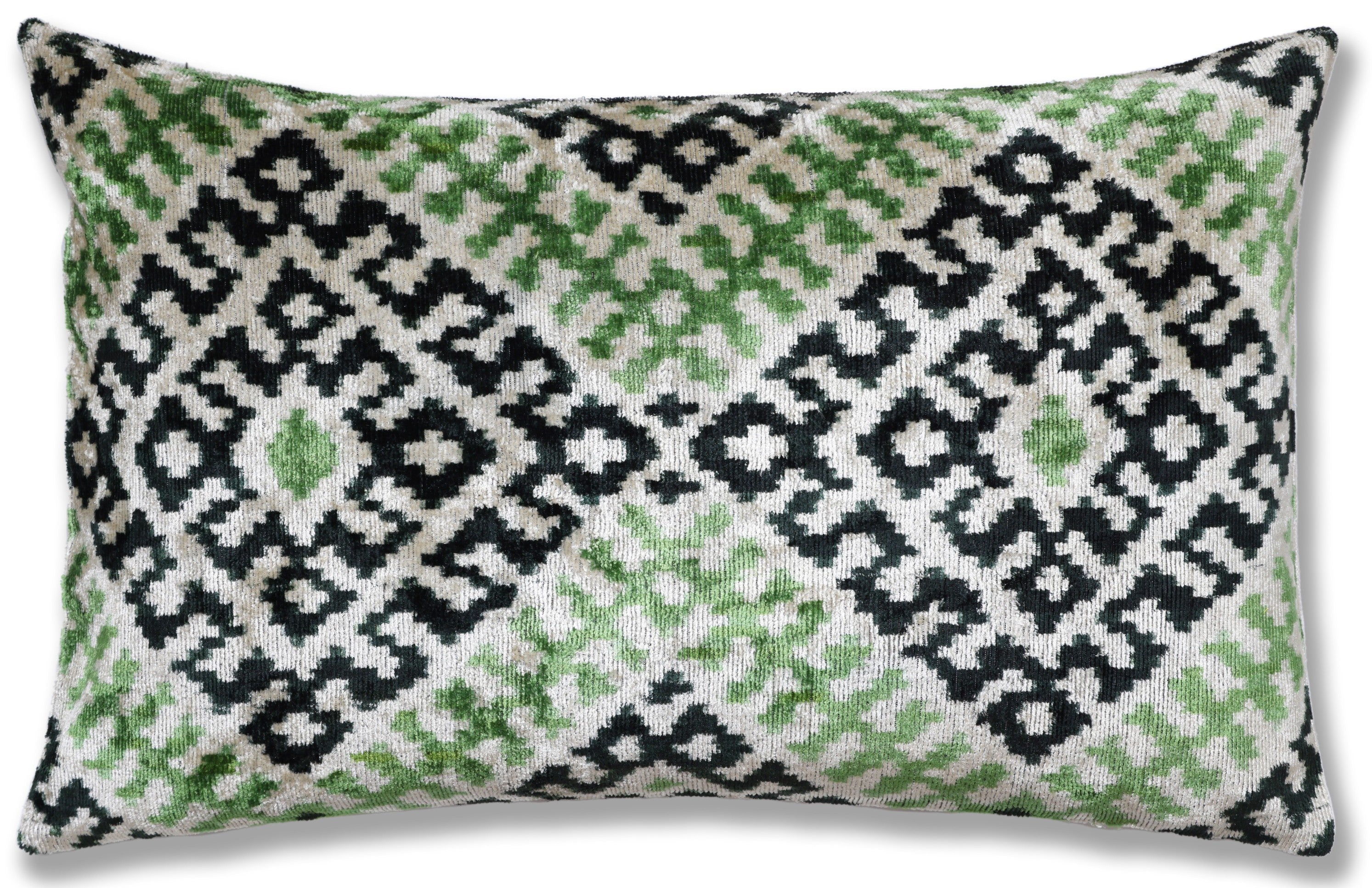 Hand-Knotted Silk Velvet Ikat Lumbar Pillow - 16x24 Moss & Forest Green