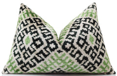 Hand-Knotted Silk Velvet Ikat Lumbar Pillow - 16x24 Moss & Forest Green