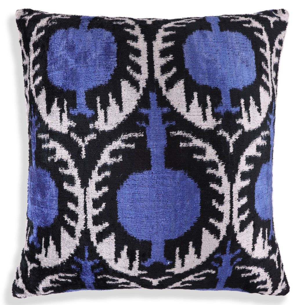 Handmade Ikat Velvet Pillow – 20x20" Blue & Black Silk Cushion