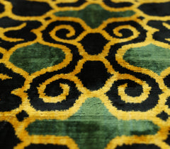 Hand-Knotted Silk Velvet Ikat Lumbar Pillow - 16x24 Gold & Forest Green