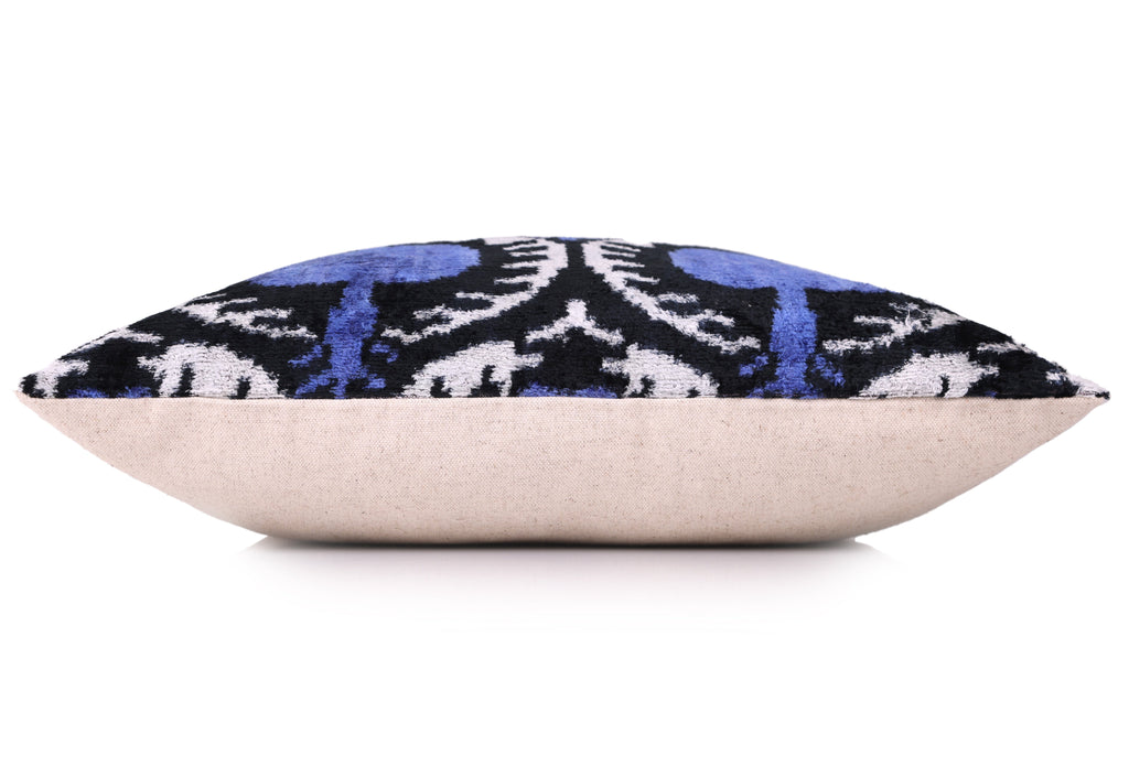 Handmade Ikat Velvet Pillow – 20x20" Blue & Black Silk Cushion